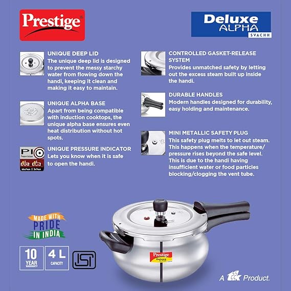 PRESTIGE SS DELUXE ALPHA SVACHH OUTER LID PRESSURE COOKER 4 LTR JUNIOR HANDI - Image 4
