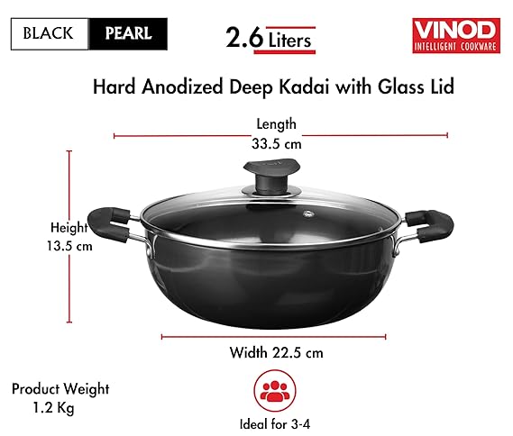 VINOD BLACK PEARL PLUS INDUCTION FRIENDLY DEEP KADAI (WITH GLASS LID) 2.6 LTR (22 CM) - Image 7