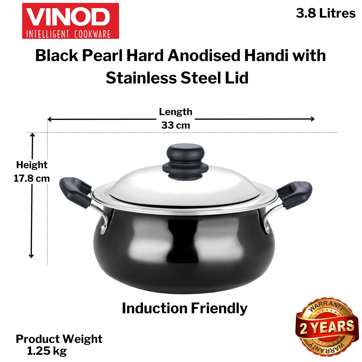 VINOD BLACK PEARL PLUS INDUCTION FRIENDLY HANDI (WITH SS LID) 3.8 LTR - Image 6