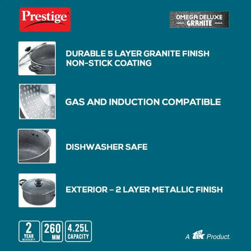 PRESTIGE OMEGA DELUXE GRANITE COOKWARE SAUCE PAN 26CM WITH LID - Image 4