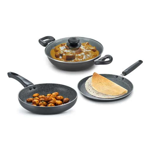 PRESTIGE COOKWARE SET OMEGA DELUXE GRANITE (3PCS SET) KADAI 24CM WITH LID / OMNI TAWA 28CM / FRY PAN 24CM