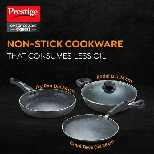 PRESTIGE COOKWARE SET OMEGA DELUXE GRANITE (3PCS SET) KADAI 24CM WITH LID / OMNI TAWA 28CM / FRY PAN 24CM - Image 2