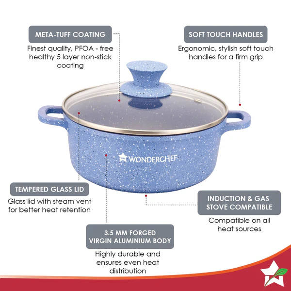 WONDERCHEF GRANITE DIE-CAST CASSEROLE 6 PCS SET (BLUE) (16CM-1.15L / 20CM-2L / 24CM-4.5L) - Image 2