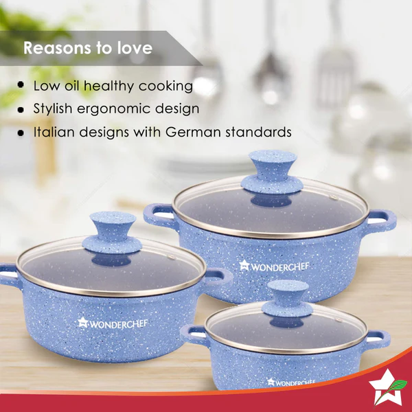 WONDERCHEF GRANITE DIE-CAST CASSEROLE 6 PCS SET (BLUE) (16CM-1.15L / 20CM-2L / 24CM-4.5L) - Image 3