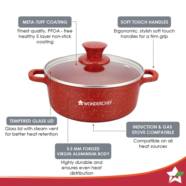 WONDERCHEF GRANITE DIE-CAST CASSEROLE 6 PCS SET (RED) (16CM-1.15L / 20CM-2L / 24CM-4.5L) - Image 2