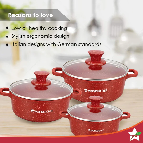WONDERCHEF GRANITE DIE-CAST CASSEROLE 6 PCS SET (RED) (16CM-1.15L / 20CM-2L / 24CM-4.5L) - Image 3