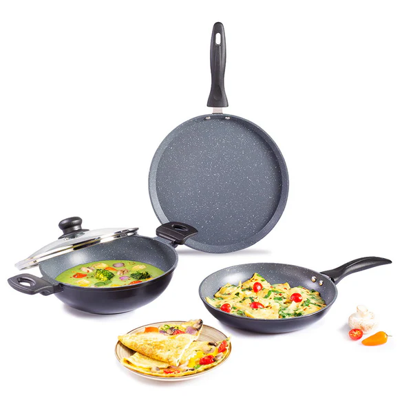 WONDERCHEF DIE-CAST DURALITE COOKWARE 4 PCS SET (DOSA TAWA 28CM / FRY PAN 24CM / KADHAI + LID 24CM)