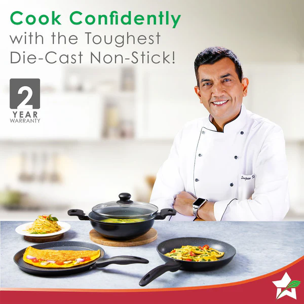 WONDERCHEF DIE-CAST DURALITE COOKWARE 4 PCS SET (DOSA TAWA 28CM / FRY PAN 24CM / KADHAI + LID 24CM) - Image 2