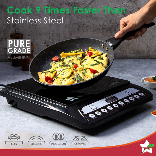 WONDERCHEF DIE-CAST DURALITE COOKWARE 4 PCS SET (DOSA TAWA 28CM / FRY PAN 24CM / KADHAI + LID 24CM) - Image 5