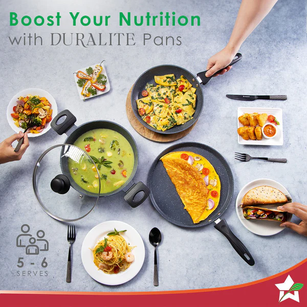 WONDERCHEF DIE-CAST DURALITE COOKWARE 4 PCS SET (DOSA TAWA 28CM / FRY PAN 24CM / KADHAI + LID 24CM) - Image 6