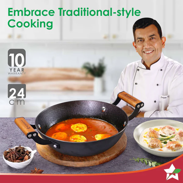 WONDERCHEF FERRO LIGHT-WEIGHT CAST IRON KADHAI 24CM 2.3L - Image 3