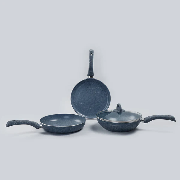WONDERCHEF GRANITE NON-STICK 4PC SET (GREY) DOSA TAWA 26CM / FRYPAN WITH LID 26CM 2L / WOK 26CM 2.7L