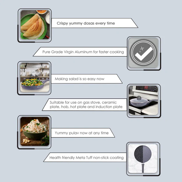 WONDERCHEF GRANITE NON-STICK 4PC SET (GREY) DOSA TAWA 26CM / FRYPAN WITH LID 26CM 2L / WOK 26CM 2.7L - Image 6