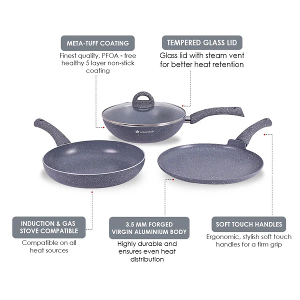 WONDERCHEF GRANITE NON-STICK 4PC SET (GREY) DOSA TAWA 26CM / FRYPAN WITH LID 26CM 2L / WOK 26CM 2.7L - Image 9