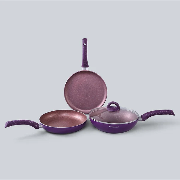 WONDERCHEF GRANITE NON-STICK 4PC SET (PURPLE) DOSA TAWA 26CM / FRYPAN WITH LID 26CM 2L / WOK 26CM 2.7L