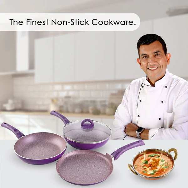 WONDERCHEF GRANITE NON-STICK 4PC SET (PURPLE) DOSA TAWA 26CM / FRYPAN WITH LID 26CM 2L / WOK 26CM 2.7L - Image 2