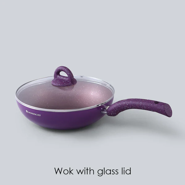 WONDERCHEF GRANITE NON-STICK 4PC SET (PURPLE) DOSA TAWA 26CM / FRYPAN WITH LID 26CM 2L / WOK 26CM 2.7L - Image 4