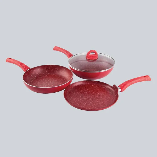 WONDERCHEF GRANITE NON-STICK 4PC SET (RED) DOSA TAWA 26CM / FRYPAN WITH LID 26CM 2L / WOK 26CM 2.7L