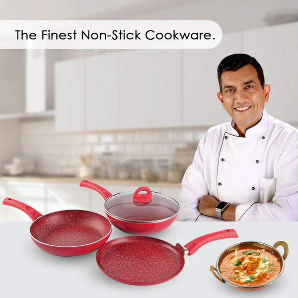WONDERCHEF GRANITE NON-STICK 4PC SET (RED) DOSA TAWA 26CM / FRYPAN WITH LID 26CM 2L / WOK 26CM 2.7L - Image 2