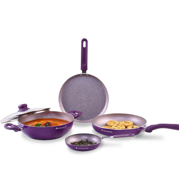 WONDERCHEF ROYAL VELVET NON-STICK 5PC SET (PURPLE) DOSA TAWA 24CM / FRY PAN 24CM / MINI FRY PAN 14CM / KADHAI WITH LID 24CM