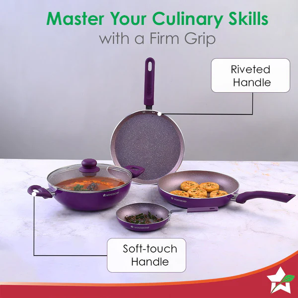 WONDERCHEF ROYAL VELVET NON-STICK 5PC SET (PURPLE) DOSA TAWA 24CM / FRY PAN 24CM / MINI FRY PAN 14CM / KADHAI WITH LID 24CM - Image 5