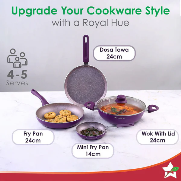WONDERCHEF ROYAL VELVET NON-STICK 5PC SET (PURPLE) DOSA TAWA 24CM / FRY PAN 24CM / MINI FRY PAN 14CM / KADHAI WITH LID 24CM - Image 6