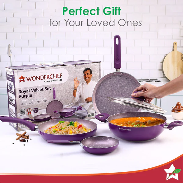 WONDERCHEF ROYAL VELVET NON-STICK 5PC SET (PURPLE) DOSA TAWA 24CM / FRY PAN 24CM / MINI FRY PAN 14CM / KADHAI WITH LID 24CM - Image 7