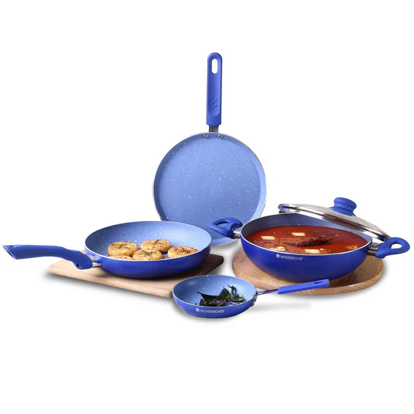 WONDERCHEF ROYAL VELVET NON-STICK 5PC SET (BLUE) DOSA TAWA 24CM / FRY PAN 24CM / MINI FRY PAN 14CM / KADHAI WITH LID 24CM