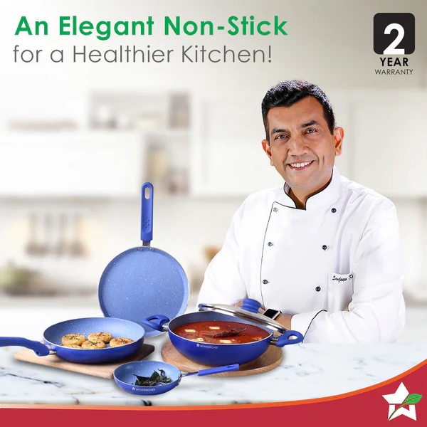 WONDERCHEF ROYAL VELVET NON-STICK 5PC SET (BLUE) DOSA TAWA 24CM / FRY PAN 24CM / MINI FRY PAN 14CM / KADHAI WITH LID 24CM - Image 2