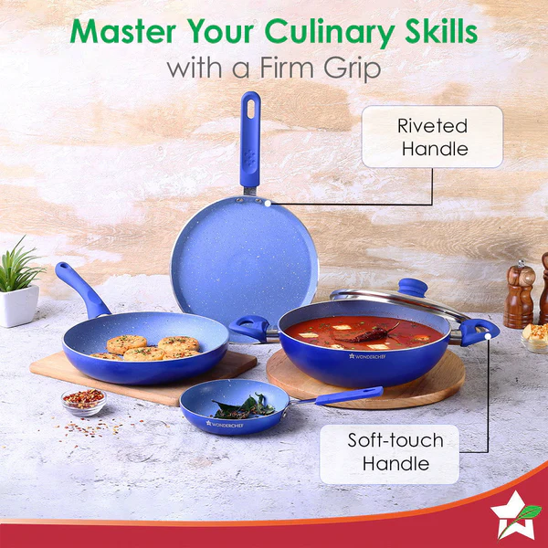 WONDERCHEF ROYAL VELVET NON-STICK 5PC SET (BLUE) DOSA TAWA 24CM / FRY PAN 24CM / MINI FRY PAN 14CM / KADHAI WITH LID 24CM - Image 5