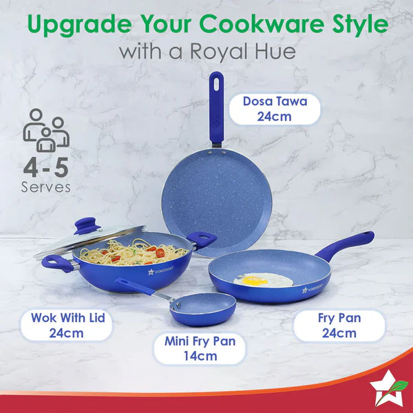 WONDERCHEF ROYAL VELVET NON-STICK 5PC SET (BLUE) DOSA TAWA 24CM / FRY PAN 24CM / MINI FRY PAN 14CM / KADHAI WITH LID 24CM - Image 6