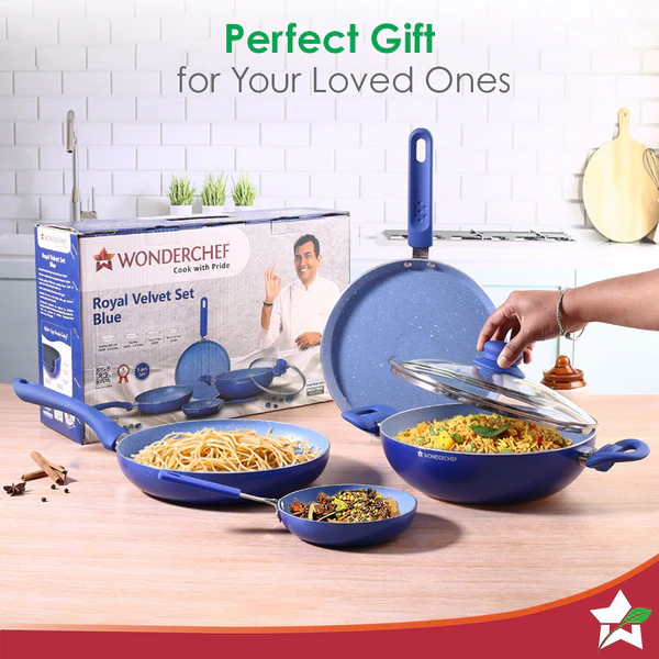 WONDERCHEF ROYAL VELVET NON-STICK 5PC SET (BLUE) DOSA TAWA 24CM / FRY PAN 24CM / MINI FRY PAN 14CM / KADHAI WITH LID 24CM - Image 7