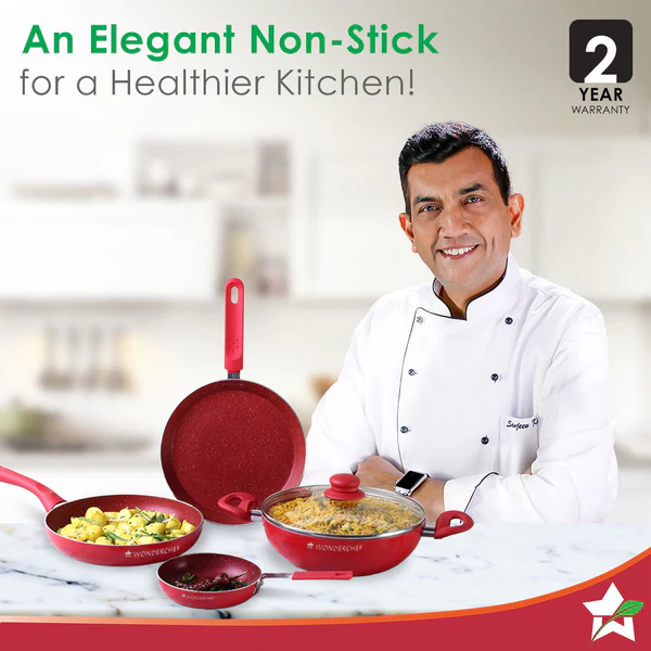WONDERCHEF ROYAL VELVET NON-STICK 5PC SET (RED) DOSA TAWA 24CM / FRY PAN 24CM / MINI FRY PAN 14CM / KADHAI WITH LID 24CM - Image 2
