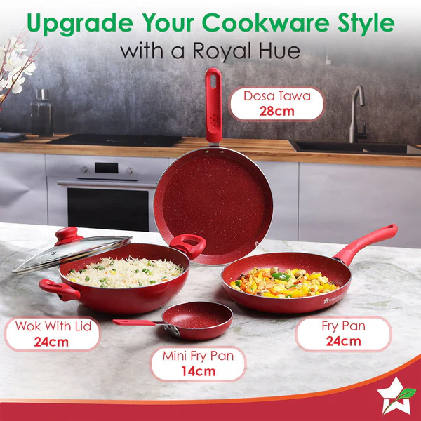 WONDERCHEF ROYAL VELVET NON-STICK 5PC SET (RED) DOSA TAWA 24CM / FRY PAN 24CM / MINI FRY PAN 14CM / KADHAI WITH LID 24CM - Image 7