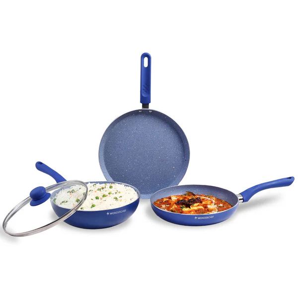 WONDERCHEF ROYAL VELVET PLUS NON-STICK 4PC SET (BLUE) DOSA TAWA 28CM / FRY PAN 24CM / WOK 24CM