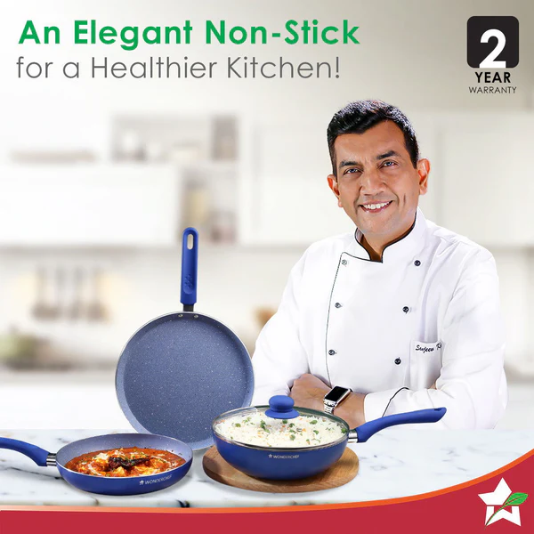 WONDERCHEF ROYAL VELVET PLUS NON-STICK 4PC SET (BLUE) DOSA TAWA 28CM / FRY PAN 24CM / WOK 24CM - Image 2