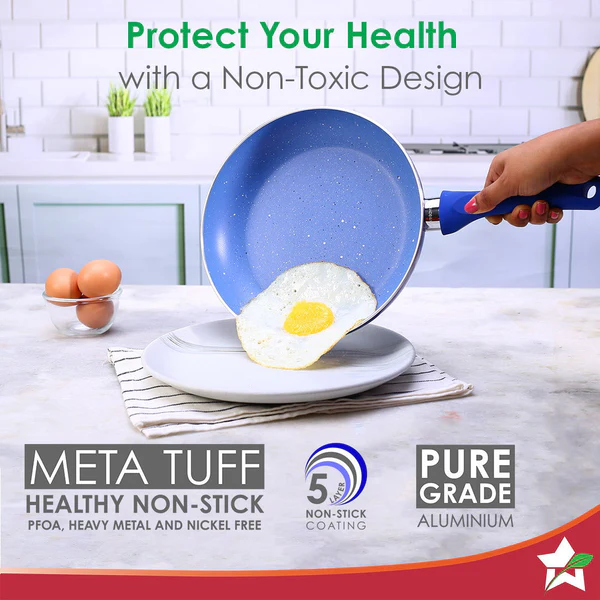 WONDERCHEF ROYAL VELVET PLUS NON-STICK 4PC SET (BLUE) DOSA TAWA 28CM / FRY PAN 24CM / WOK 24CM - Image 3