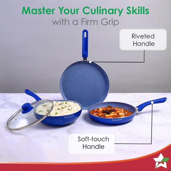 WONDERCHEF ROYAL VELVET PLUS NON-STICK 4PC SET (BLUE) DOSA TAWA 28CM / FRY PAN 24CM / WOK 24CM - Image 5