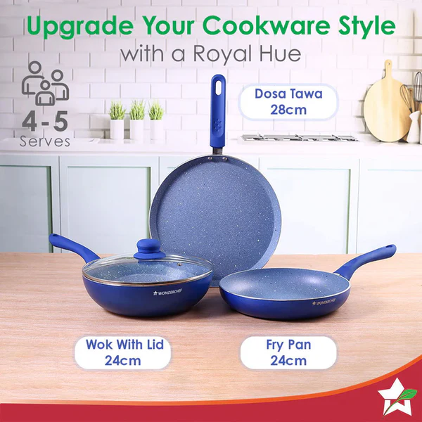 WONDERCHEF ROYAL VELVET PLUS NON-STICK 4PC SET (BLUE) DOSA TAWA 28CM / FRY PAN 24CM / WOK 24CM - Image 6