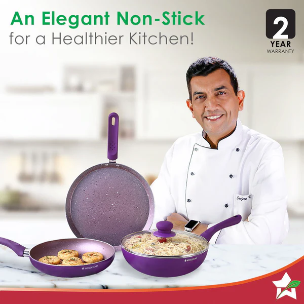 WONDERCHEF ROYAL VELVET PLUS NON-STICK 4PC SET (PURPLE) DOSA TAWA 28CM / FRY PAN 24CM / WOK 24CM - Image 2