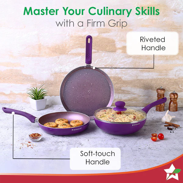 WONDERCHEF ROYAL VELVET PLUS NON-STICK 4PC SET (PURPLE) DOSA TAWA 28CM / FRY PAN 24CM / WOK 24CM - Image 5