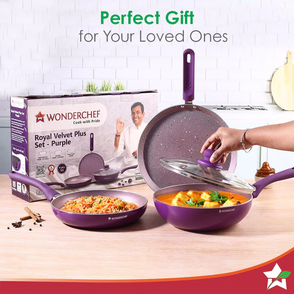 WONDERCHEF ROYAL VELVET PLUS NON-STICK 4PC SET (PURPLE) DOSA TAWA 28CM / FRY PAN 24CM / WOK 24CM - Image 7