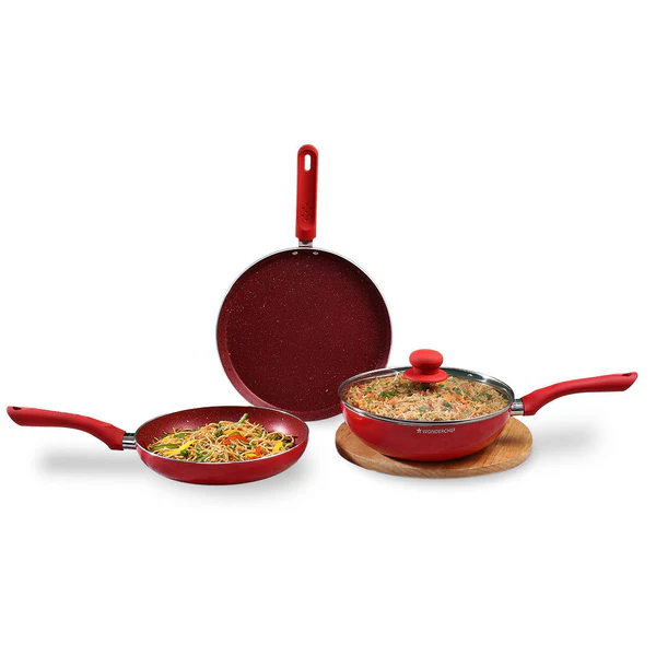WONDERCHEF ROYAL VELVET PLUS NON-STICK 4PC SET (RED) DOSA TAWA 28CM / FRY PAN 24CM / WOK 24CM