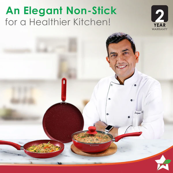 WONDERCHEF ROYAL VELVET PLUS NON-STICK 4PC SET (RED) DOSA TAWA 28CM / FRY PAN 24CM / WOK 24CM - Image 2