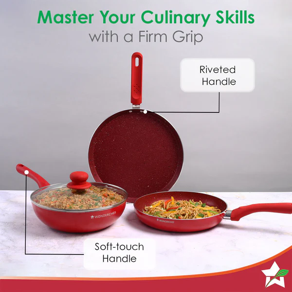 WONDERCHEF ROYAL VELVET PLUS NON-STICK 4PC SET (RED) DOSA TAWA 28CM / FRY PAN 24CM / WOK 24CM - Image 5