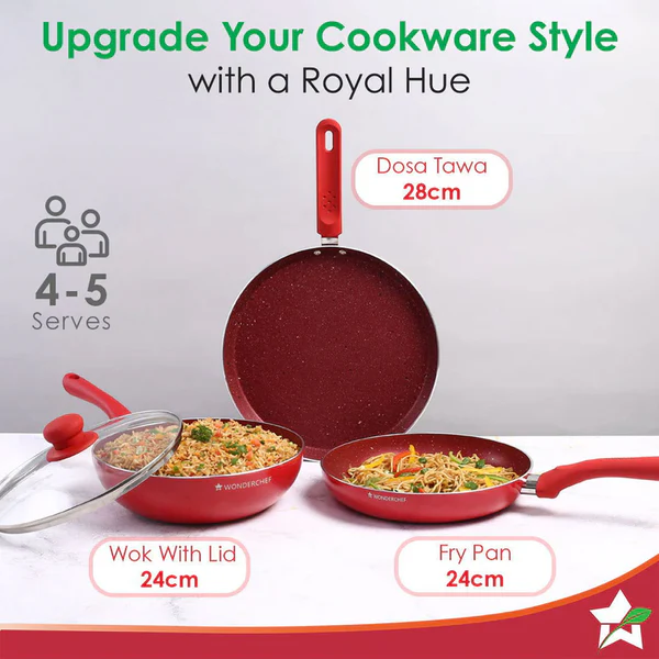 WONDERCHEF ROYAL VELVET PLUS NON-STICK 4PC SET (RED) DOSA TAWA 28CM / FRY PAN 24CM / WOK 24CM - Image 6
