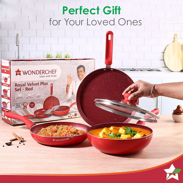 WONDERCHEF ROYAL VELVET PLUS NON-STICK 4PC SET (RED) DOSA TAWA 28CM / FRY PAN 24CM / WOK 24CM - Image 7