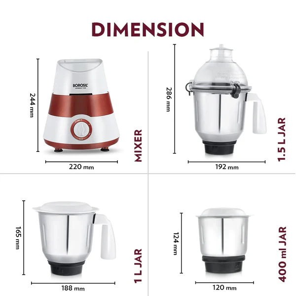 BOROSIL SUPERMAX 750W 3 JAR MIXER GRINDER - RED - Image 3