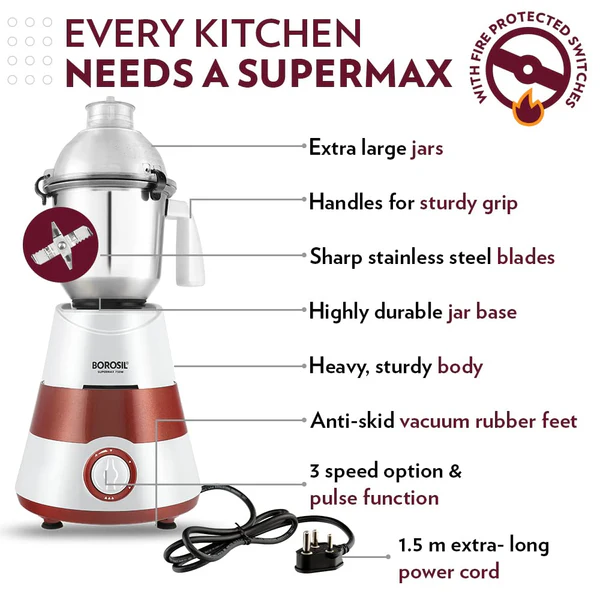 BOROSIL SUPERMAX 750W 3 JAR MIXER GRINDER - RED - Image 5
